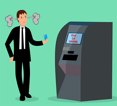 Cartoon of man in suit with smoke coming out of his ears standing in front of out of order cash machine in need of ATM service